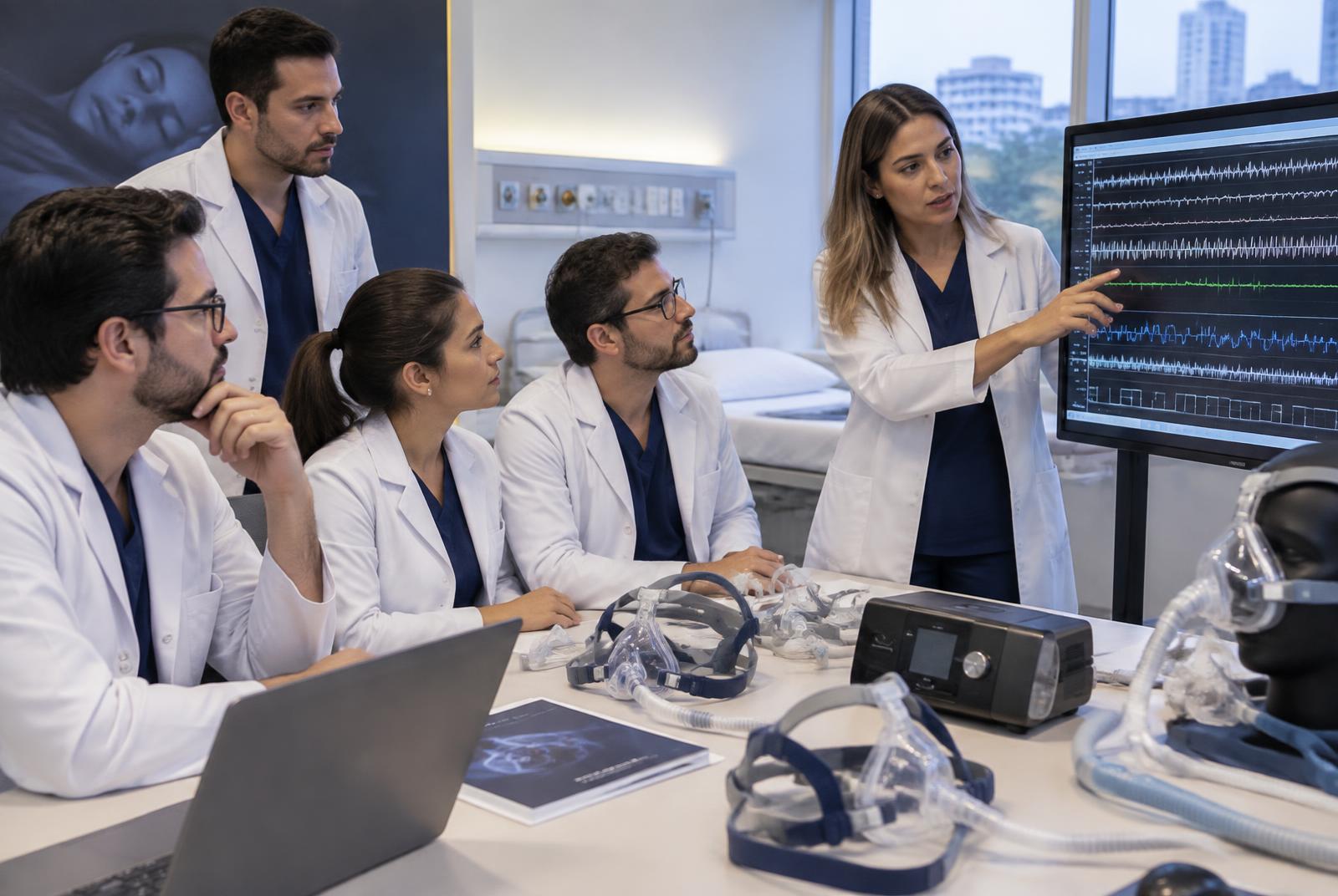 Médicos em simulação realística analisando exames do sono e equipamentos de terapia respiratória